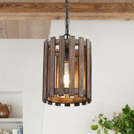 Farmhouse Rustic Pendant Light, 1-Light Round Cage Pendant Lighting Fixture with Adjustable Chain for Kitchen Island Hallway Dining Room Bar, Solid Wood wochos