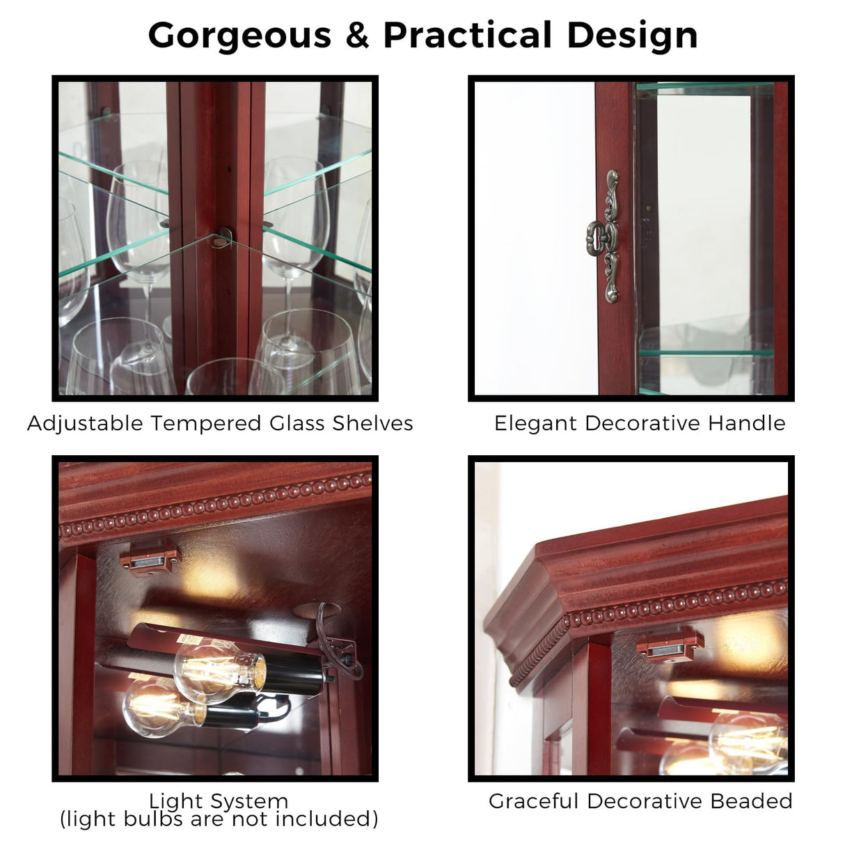 HomJoones Lighted Corner Display Curio Cabinet Wooden Curved Shelving Unit with Tempered Glass Door, Adjustable Tempered Glass Shelves, Bar and Liquor Storage Area, Display Cabinet (Cherry) HomJoones