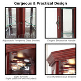 HomJoones Lighted Corner Display Curio Cabinet Wooden Curved Shelving Unit with Tempered Glass Door, Adjustable Tempered Glass Shelves, Bar and Liquor Storage Area, Display Cabinet (Cherry) HomJoones