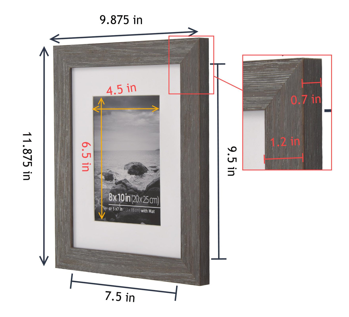 DUCIHBA 8 x 10 inch Rurstic Farmhouse Picture Frames, Tabletop Display or Wall Mount Vertically or Horizontally, Distressed Barn Wood, Real Glass Photo Frame with Mat 5 x 7 inch, Grey