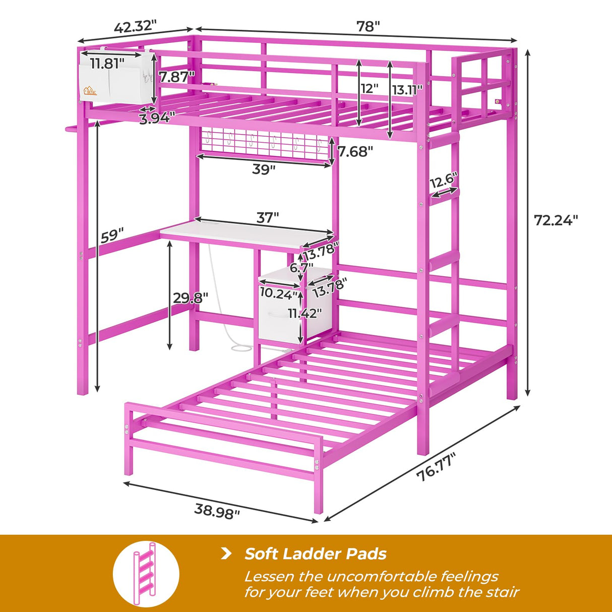 DICTAC Bunk Bed with Desk and Charging Station Metal Loft Bed Twin Size with Led Lights & Storage Shelves and Drawers L-Shaped Twin Over Twin Size Bunk Bed for Teen,Safety Guardrail and Ladder,Pink DICTAC