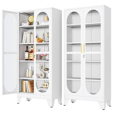 PAOFIN 71" H Locking Display Cabinet with Glass Door, Metal Curio Cabinets with 4 Adjustable Shelves, Tall Liquor Cabinet Display Case for Living Room, Collectibles, Home - Assembly Required White PAOFIN