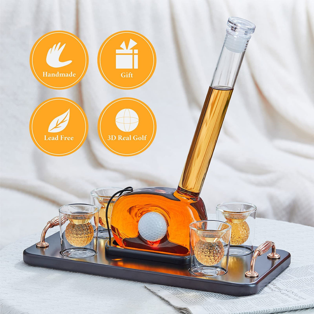 CRAFTGEN Golf Whiskey Decanter Set with 4 Golf Ball Shot Glasses, Unique Golf Accessories Gifts for Men, 750ml Glass Golf Themed Liquor Dispenser for Bourbon, Scotch, Vodka, Tequila CRAFTGEN