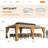 YOLENY 14'x24' Gazebo, Wooden Finish Coated Aluminum Frame Pergola with Double Galvanized Steel Hardtop Roof, Outdoor Permanent Metal Pavilion with Curtains and Nettings for Patio, Backyard and Deck YOLENY