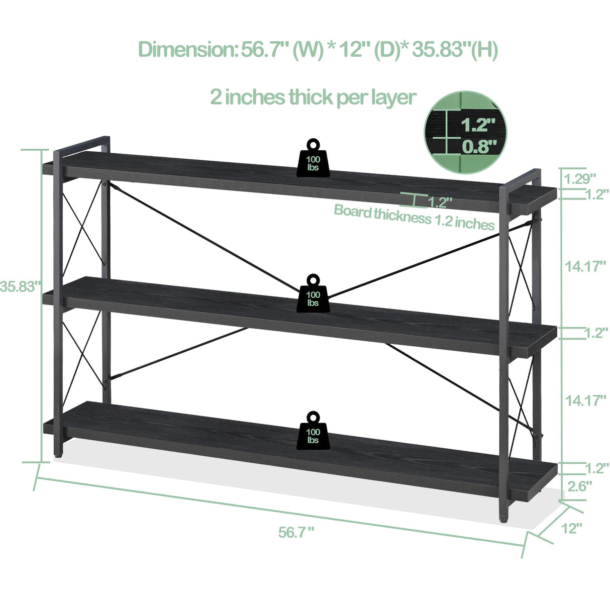 HCHQHS Bookshelf, 3-Tier Long Industrial Bookcase, Black Open Book Shelf, Freestanding Horizontal Bookshelves with Metal Frame HCHQHS