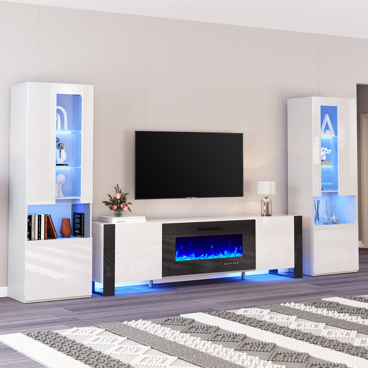 AMERLIFE 80" Modern Fireplace TV Stand with 40" Electric Fireplace & 2 Large Storage LED Bookcases, 3 Piece Living Room Entertainment Center Set for TVs Up to 90in, White/Black AMERLIFE