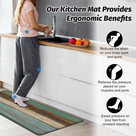MAYHMYO Kitchen Rugs and Mats Set of 2 Teal Farmhouse Anti Fatigue Mat PVC Non Slip Retro Rustic Wood Texture Kitchen Mats for Floor,17.3 x 29 x 0.4 inch + 17.3 x 47 x 0.4 inch MAYHMYO