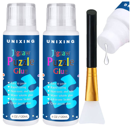 Jigsaw Puzzle Glue Clear With Sponge Head, Replace Puzzle Saver for 3000/3500/5000 Pieces, Suitable for Paper and Wood, Water-Soluble Craft Glue (2 Bottle X 120ML) Unixing