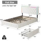 QFP LED Full Bed Frame with 4 Storage Drawers and Adjustable Headboard, Modern Velvet Upholstered Platform Bed Frame Full Size with Charging Station, Wooden Slats Support, No Box Spring Needed, White QFP