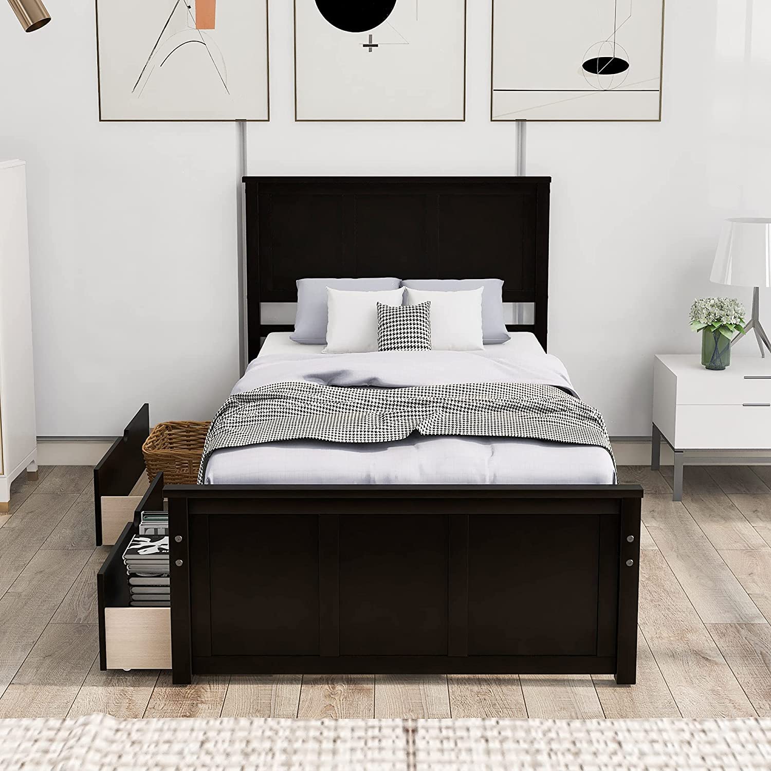 Harper & Bright Designs Twin Bed with Storage Drawers, Solid Wood Platform Bed Frame with Headboard - Espresso - WoodArtSupply