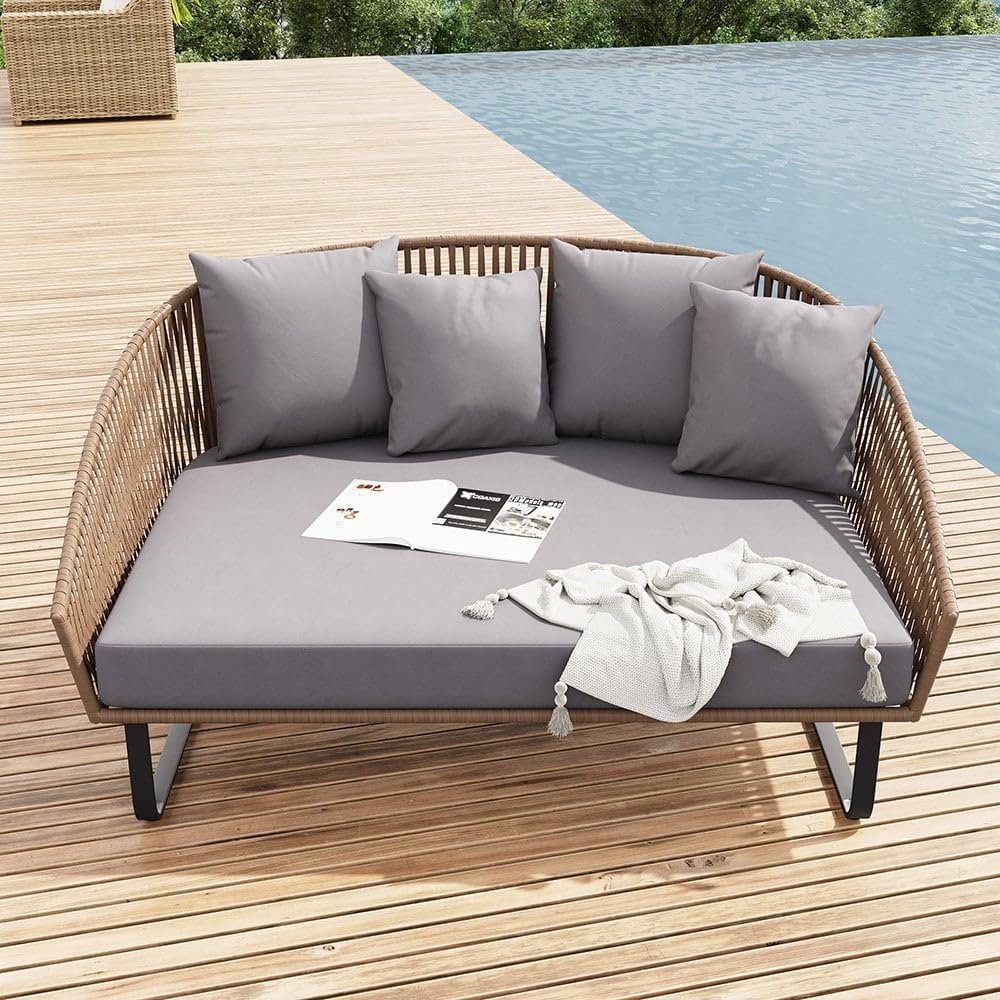 homary Rattan Patio Outdoor Daybed, Rattan Day Bed with Cushion Pillow & Aluminum Frame Sunbed Sofa Set Patio Loveseat,Gray homary