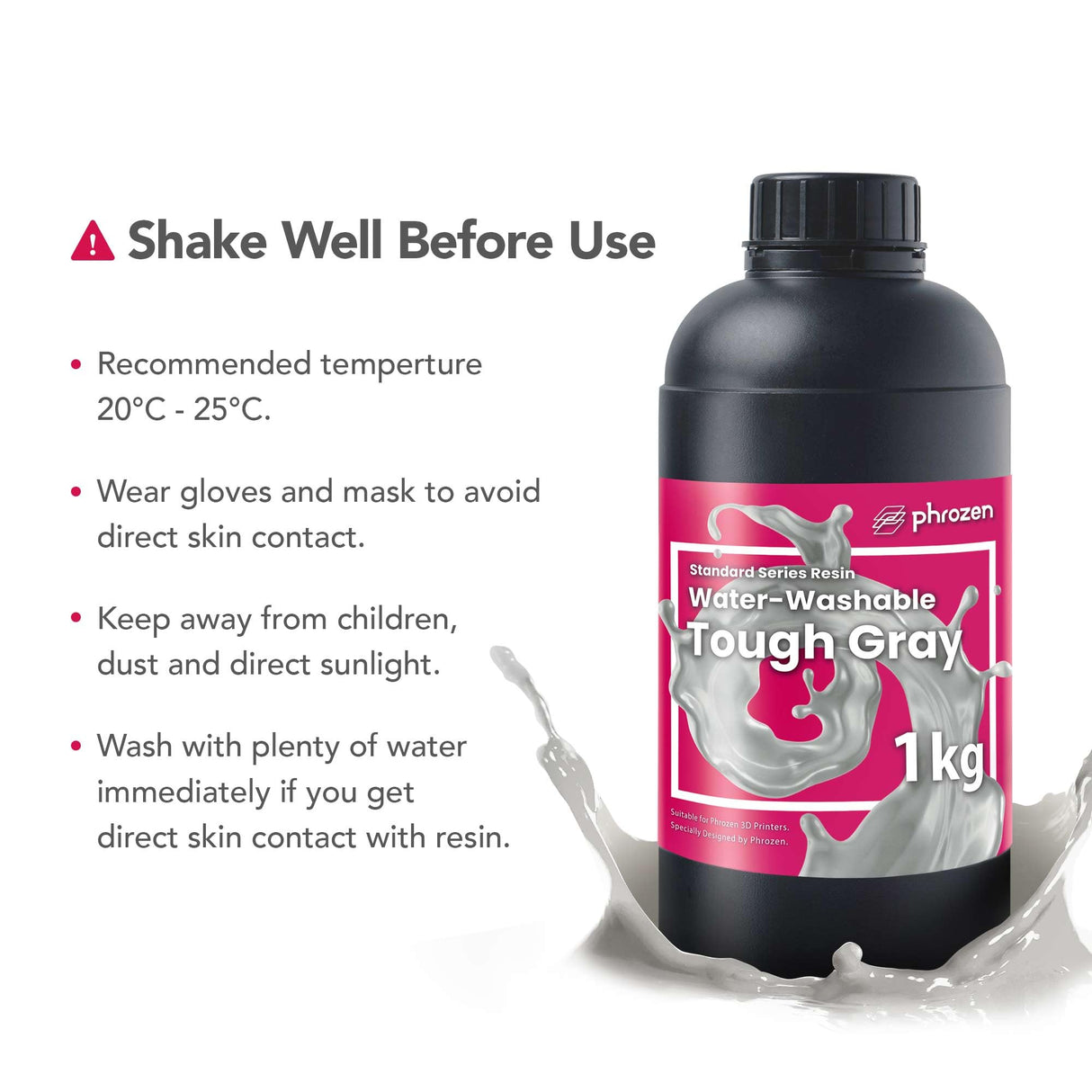 phrozen 3D Printer Water-Washable Rapid Resin [Tough Gray], 405nm LCD UV-Curing Photopolymer Resin, Strong Impact Resistance, High Flexibility, Low Odor, Non-Brittle, Easy to Clean and Cure (1KG) phrozen