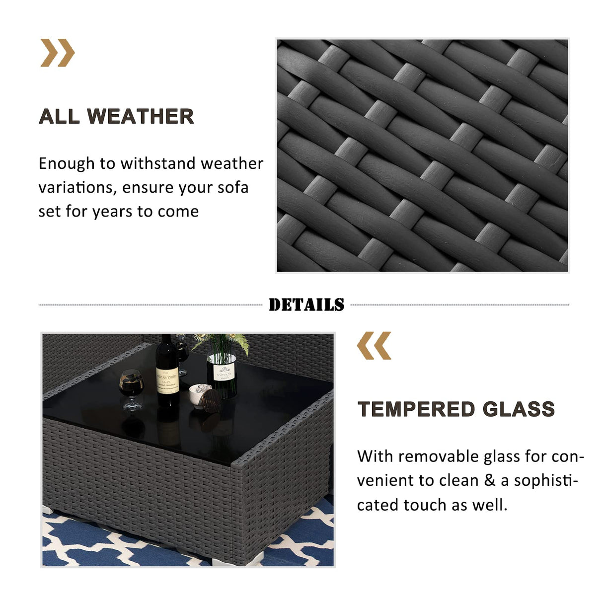 Vakollia 8 Pieces Patio Furniture Set with 44" Propane Gas Fire Pit Table, Outdoor Sectional Wicker Conversation Sofa Sets with Coffee Table Vakollia