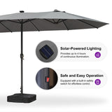 PURPLE LEAF 15ft Patio Market Umbrella with Solar LED and Base Double-Sided Rectangle Outdoor Table Sun Umbrellas with Crank for Pool Beach Deck Backyard Light Gray PURPLE LEAF