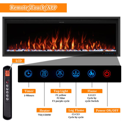 Benrocks 60'' WiFi- Enabled Electric Fireplace Inserts - Alexa & App Control, Slim Recessed & Wall Mounted, 13 * 13 * 3 Flame Color Combinations, 750W/1500W, Black