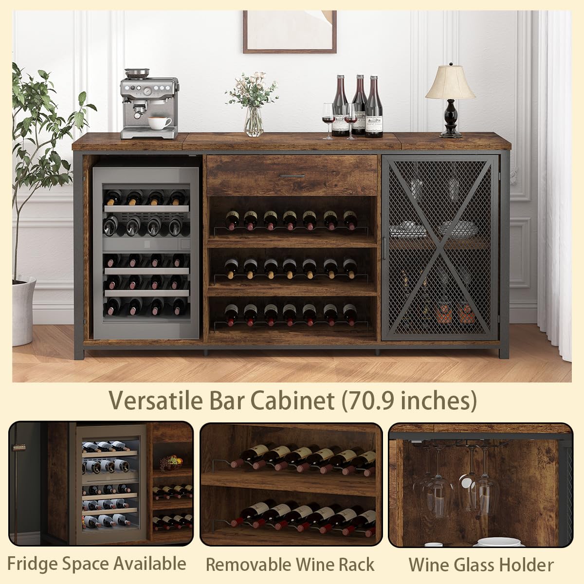 LVB Rustic Brown Large Bar Cabinet with Fridge Space and Storage Drawers - WoodArtSupply