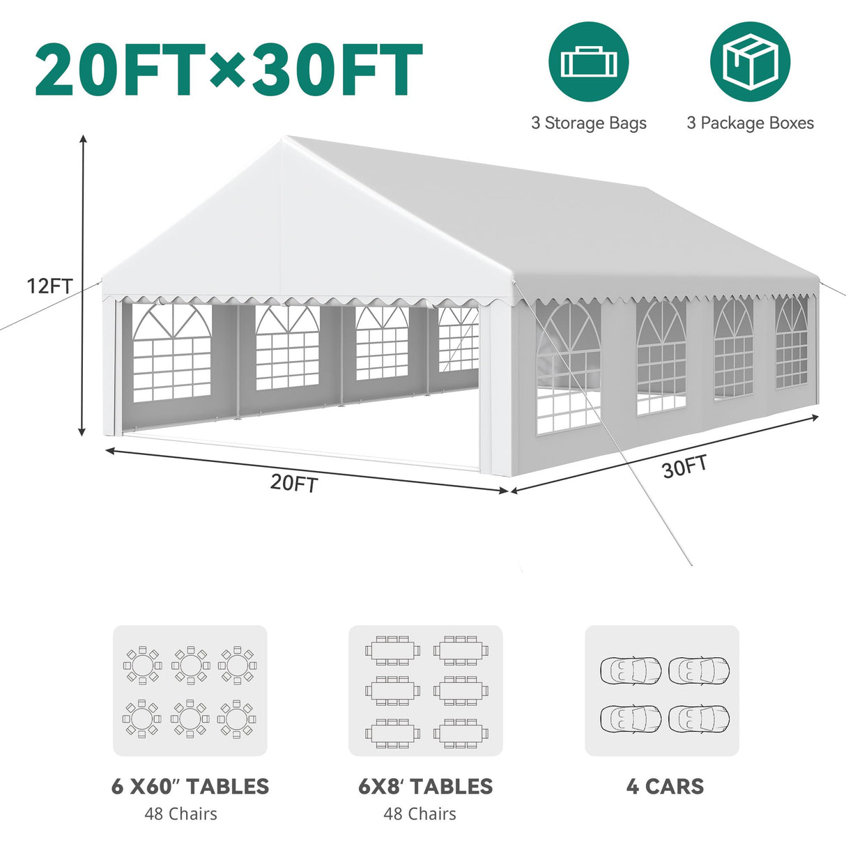 YITAHOME 20x30FT Party Tent Heavy Duty Wedding Event Shelters PVC Upgraded Galvanized Ripple Canopy with Large Roof Removable Sidewalls & 3 Storage Bags 600D Oxford Commercial, White YITAHOME