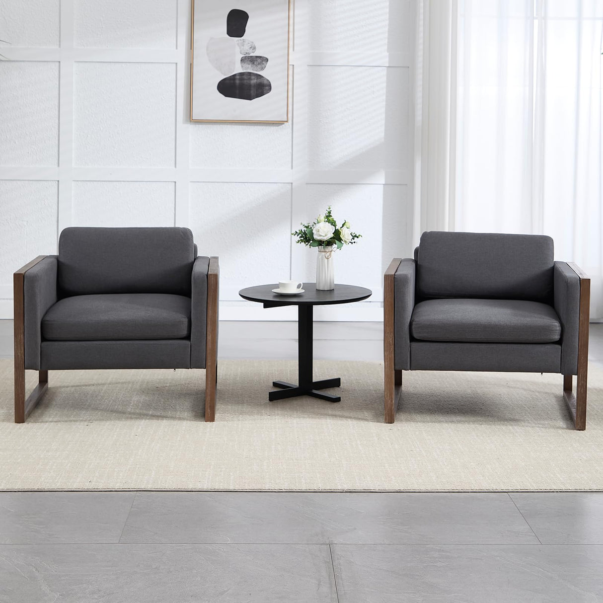 Kmax Modern Accent Chairs Set of 2, Charcoal Fabric Upholstered Club Chair, Comfy Arm Reception Chairs Living Room Chair for Hotel Conference, Walnut Wood Kmax