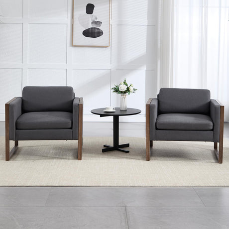 Kmax Modern Accent Chairs Set of 2, Charcoal Fabric Upholstered Club Chair, Comfy Arm Reception Chairs Living Room Chair for Hotel Conference, Walnut Wood Kmax