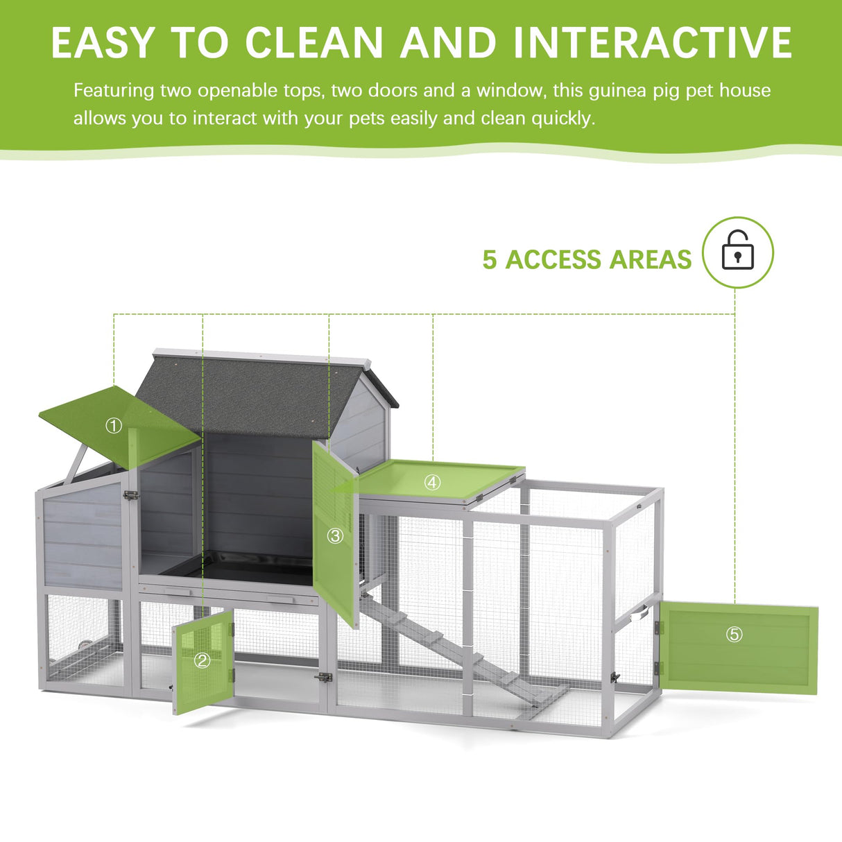 COZIWOW 82" Large Wooden Chicken Coop, Outdoor Rabbit Hutch with Wheels, Sunshine Board, Asphalt Roof, Ramp, Openable Top, Door, Window, Pull-Out Tray, Indoor Bunny Cage (Gray with Pattern) COZIWOW