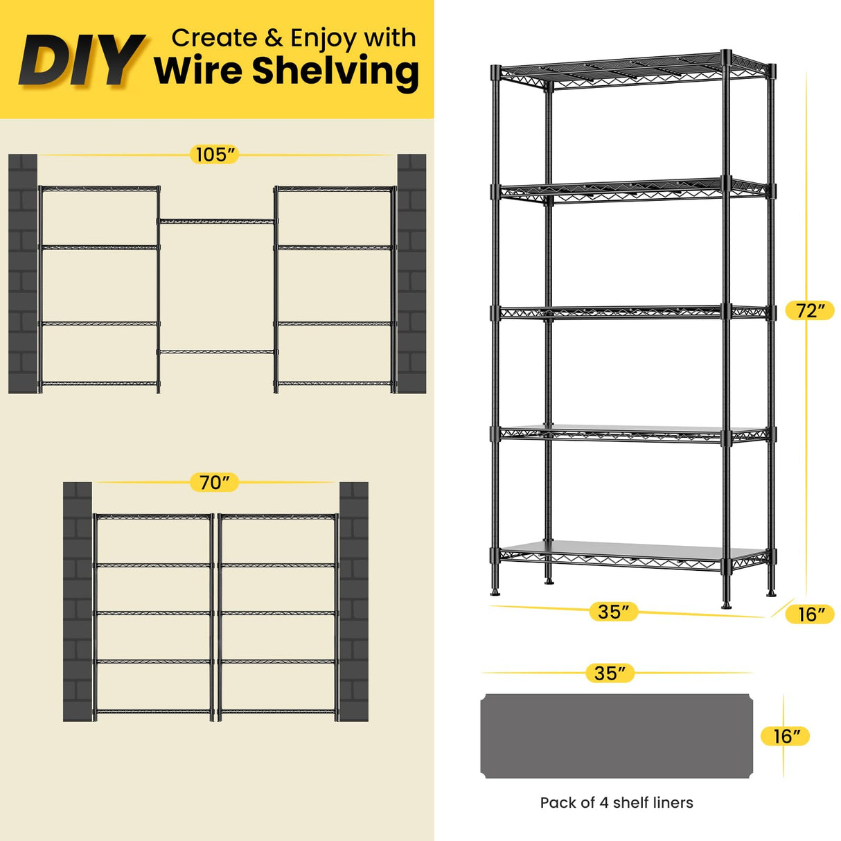 RackBro 72" H Storage Shelves 5 Tier Wire Shelving with Shelf Liners, Adjustable Metal Garage Shelving, 1325LBS Heavy Duty Commercial Storage Rack for Pantry Kitchen, 35" W x 16" D x 72" H, Black RackBro
