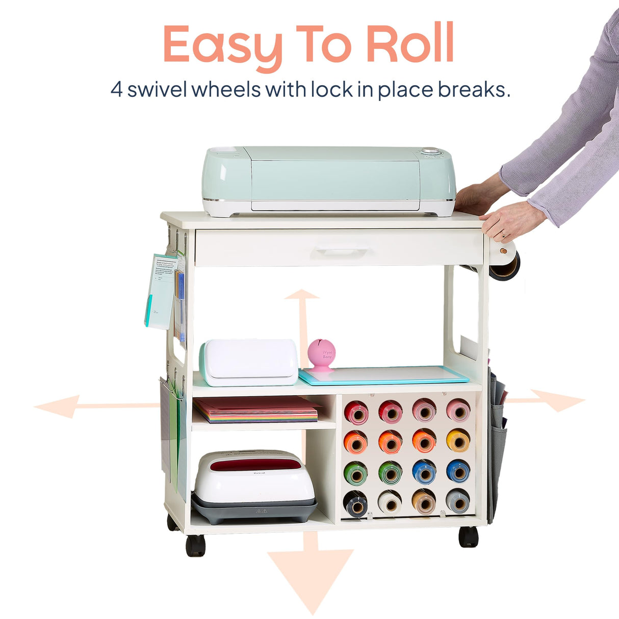 iVyne Craft Cart, Ultimate Organization & Storage Table for Cricut/Silhouette, Craft Table with Storage, Workstation for Accessories, iVyne Berry, Vinyl Rolls, and More - White iVyne