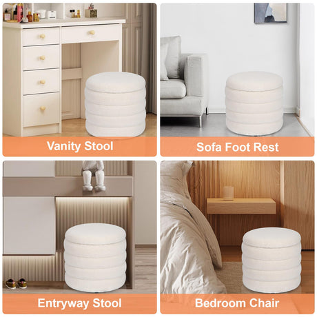 Dolift Modern Teddy Sherpa Foot Rest for Couch, Round Ottoman with Storage, Upholstered Foot Stools Ottoman, Vanity Chair for Makeup Room Bedroom Living Room (White) Dolift