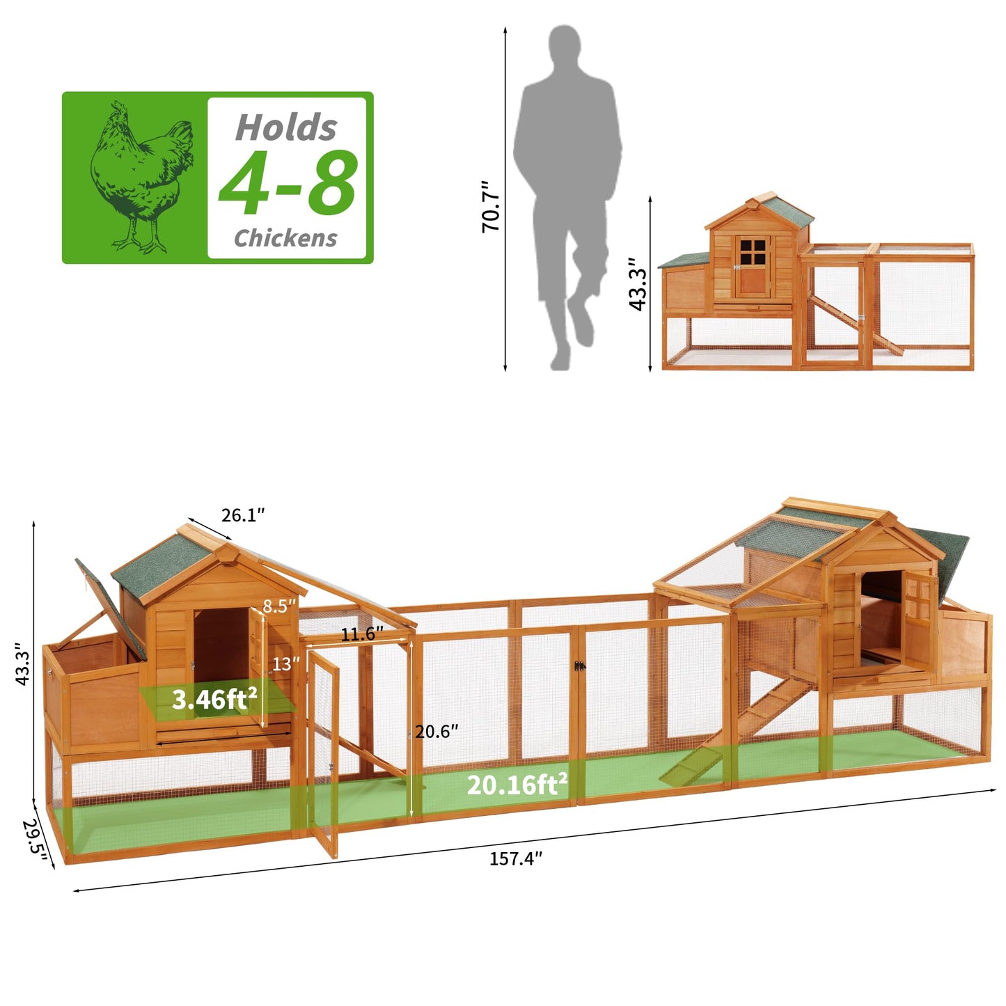 Breltam 157" Large Chicken Coop Hen House Wooden Chicken House Poultry Cage with Run, Nesting Box, Removable Tray for Outdoor - WoodArtSupply