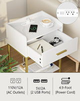 Aienvey Nightstand with Charging Station,Bedside Table with Drawer and 2 Shelf Storage, Small Side Table, Modern White Night Stand, Tall End Table for Bedroom, Living Room Aienvey