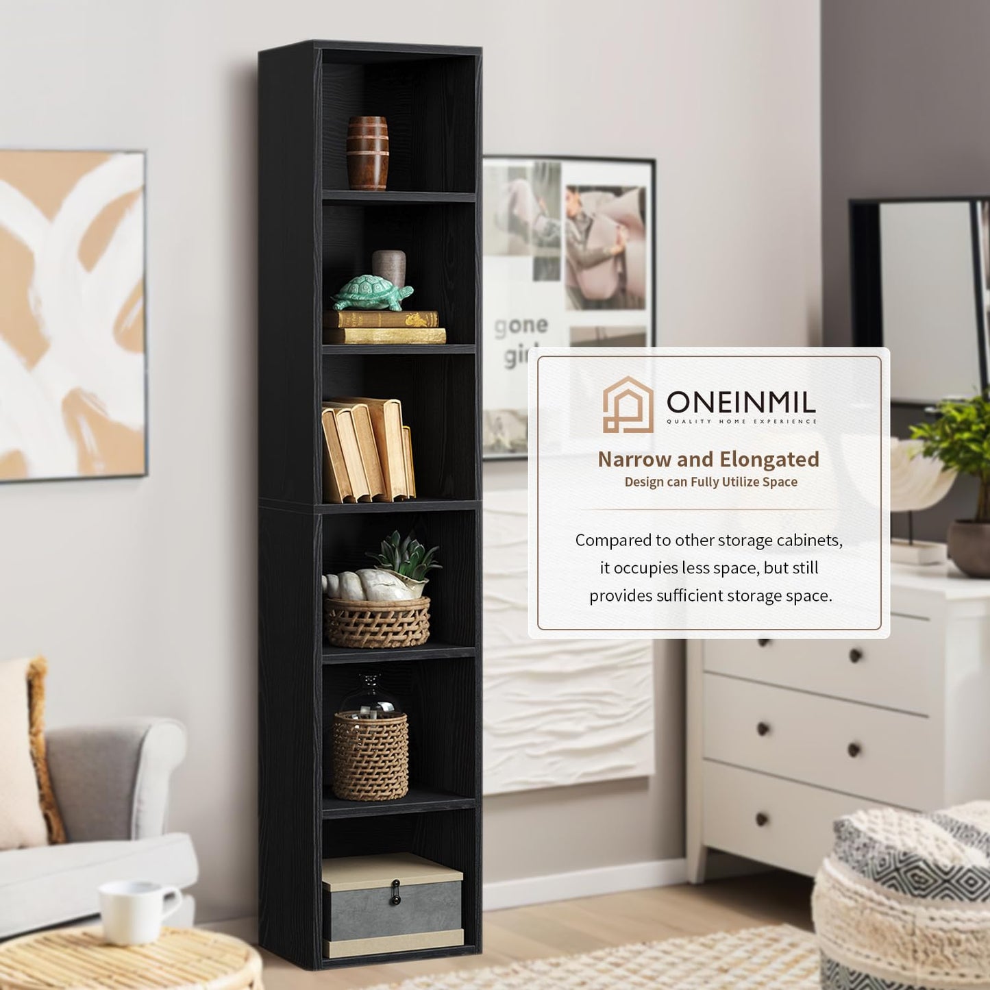 Tall Narrow Bookshelf – 6-Tier Cube Display Rack for Modern Home Office – Black Storage Cabinet by oneinmil - WoodArtSupply