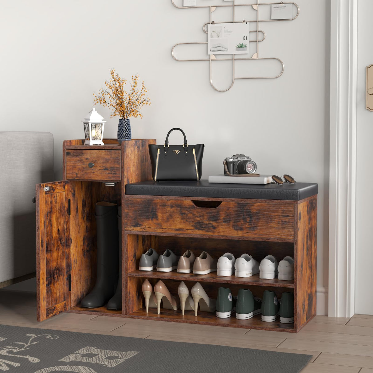 Gyfimoie Shoe Storage Bench, Farmhouse Entryway Bench with Drawer, 2-Tier Shoe Bench with Seat Cushion & Lift Top Storage Box, Slim Shoe Cabinet Bench for Entryway, Living Room, Bedroom (Rustic Brown) Gyfimoie