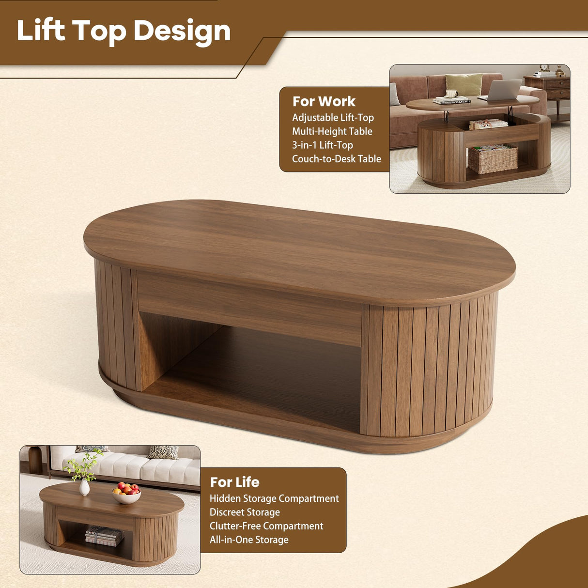 Lift Top Coffee Table, Oval Fluted Coffee Table with Storage for Living Room, Mid Century Modern Wooden Center Tables with 2 Tier Shelf, 43 Inch Tea Table Hidden Compartment for Home Office, Walnut Epecoya