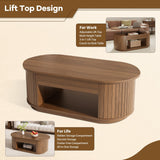 Lift Top Coffee Table, Oval Fluted Coffee Table with Storage for Living Room, Mid Century Modern Wooden Center Tables with 2 Tier Shelf, 43 Inch Tea Table Hidden Compartment for Home Office, Walnut Epecoya