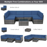 U-MAX 7 Piece Outdoor Patio Furniture Set, PE Rattan Outdoor Grey Wicker Furniture, Outdoor Sectional Furniture Chair Set with Cushions and Tea Table, Grey Rattan and Navy Cushion U-MAX