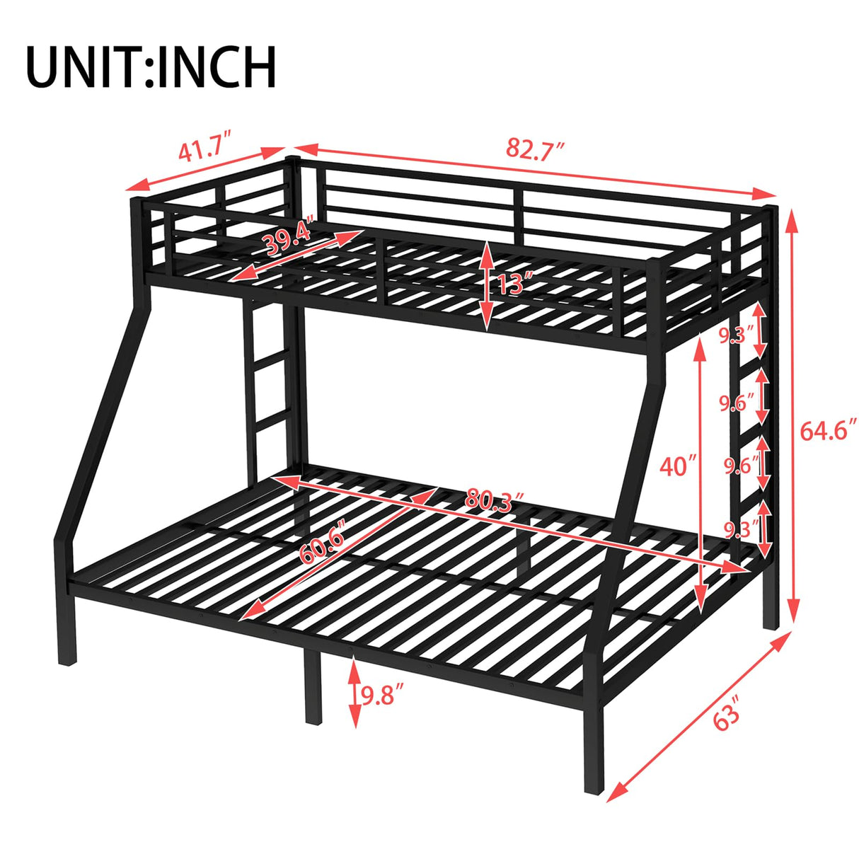 ICIUIOIR Twin XL Over Queen Bunk Bed Frame for Kids & Adults – Adult Metal Bunk Beds, Heavy Duty Frame, Literas para Niños, Camarotes, Bunk Bed with Stairs (No Box Spring Needed) (Black) ICIUIOIR