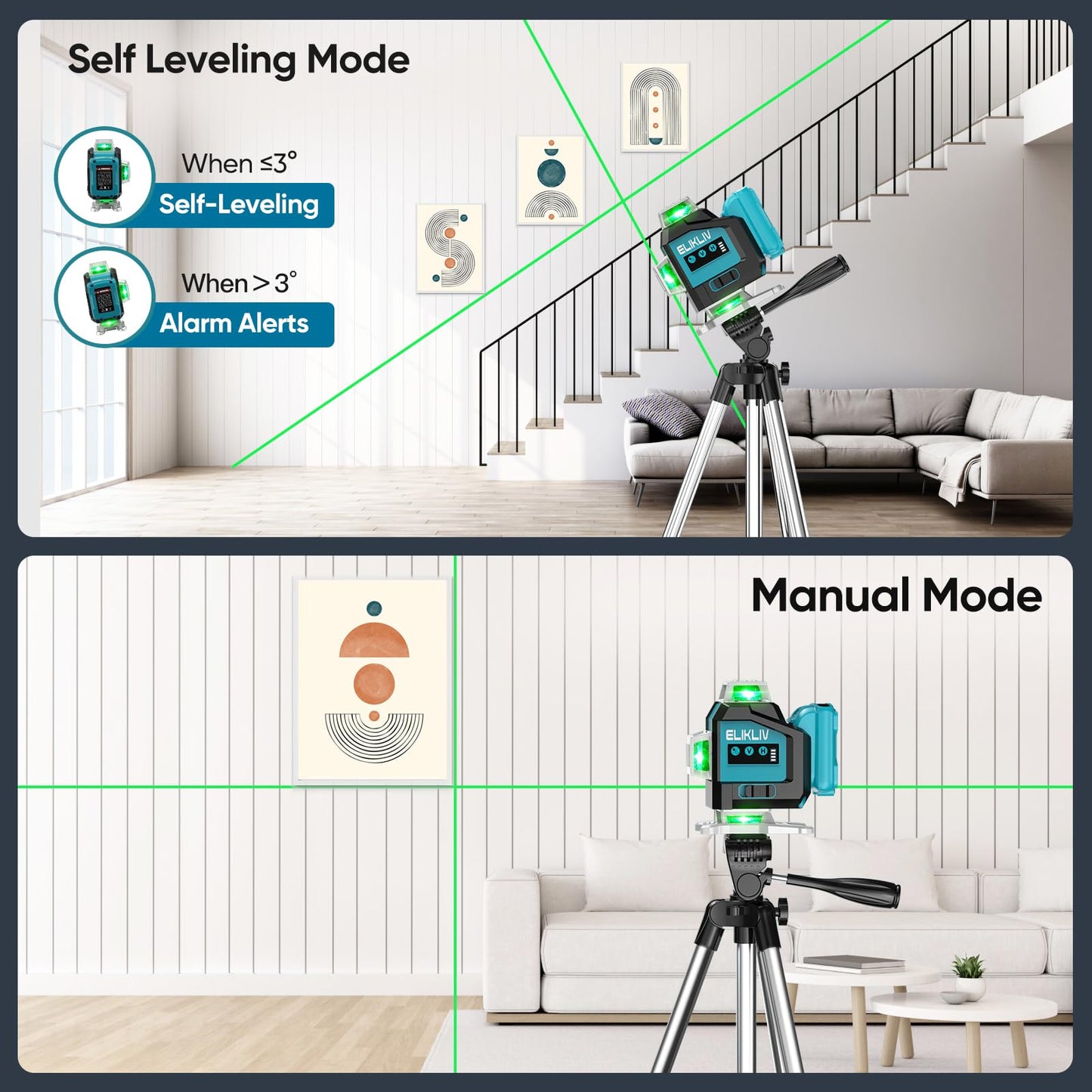 Laser Level, Elikliv Laser Level 360 Self Leveling, 200Ft Green Laser Level Lines Tool, 4x360° Cross Line Laser, Self Leveling Laser Level for Construction＆Picture Hanging,Rechargeable Batter - WoodArtSupply