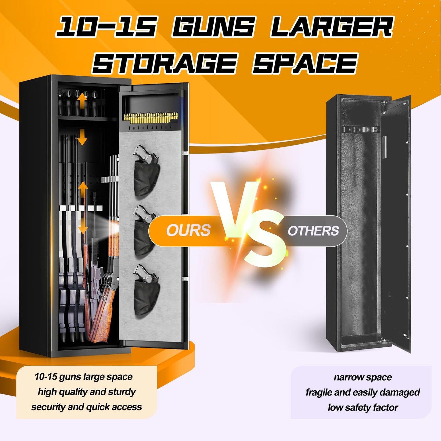 10-15 Gun Biometric Safe Unassembled Large Rifle Gun Safes with Dual Alarm, Mute Function, and LED Light for Home