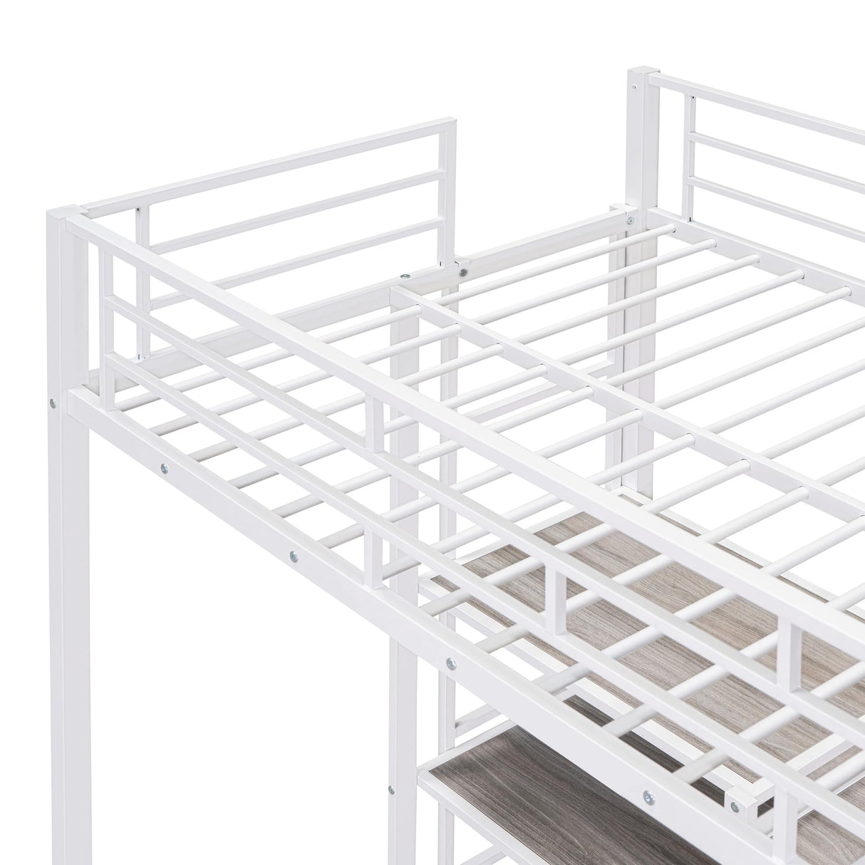 Jintop Twin Size Loft Bed with Stylish Desk and Whiteboard,Versatility Metal Bunk Bed,w/ 3 Shelves & Ladder,Easy Assembly,for Students,Boys,Girls,White Jintop