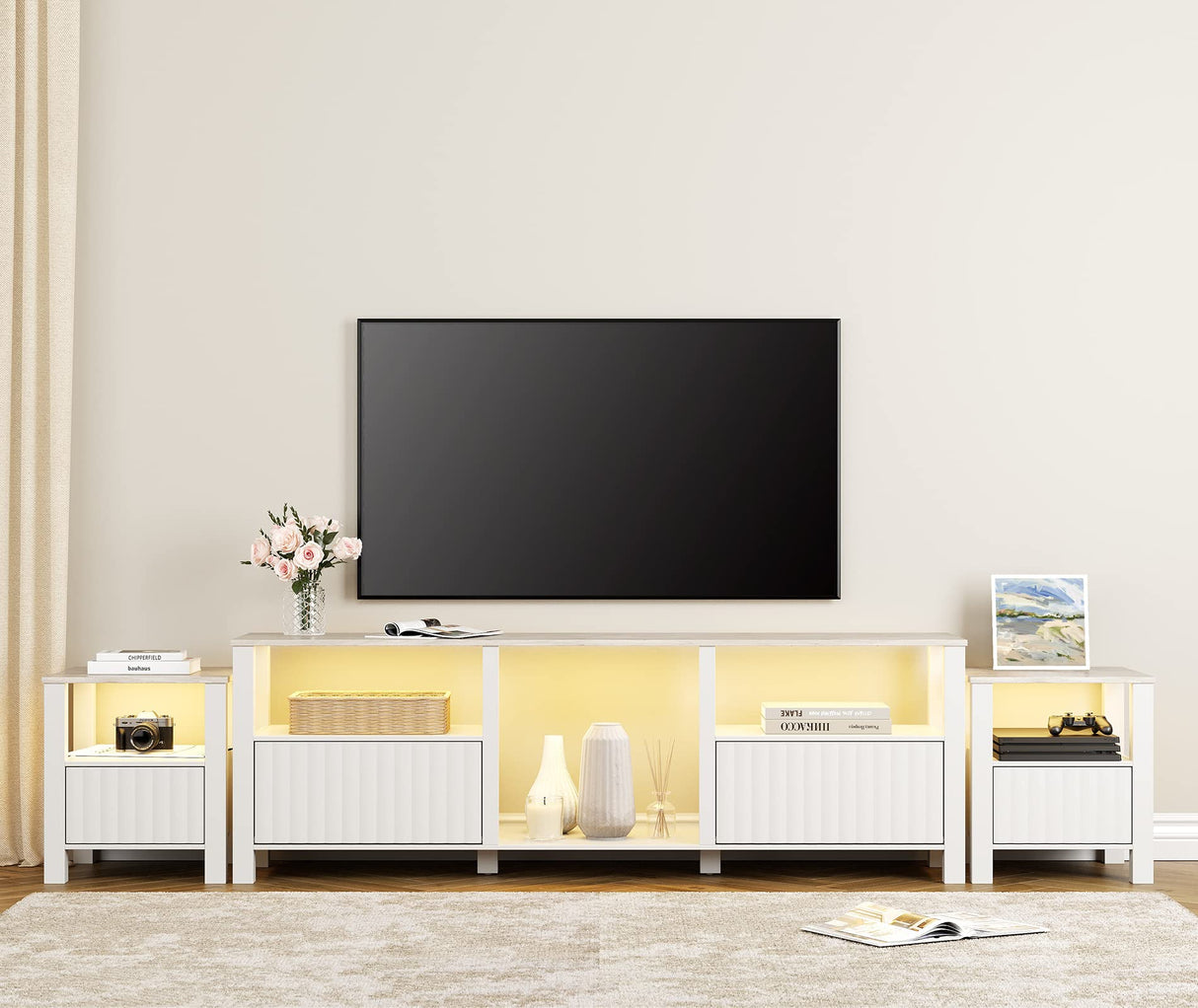 WAMPAT Large TV Stand for 95 Inch TV, White Entertainment Center for 80-100 Inch TV with LED Light & Cubby, White Television Stands with Faux Marble Tabletop for Living Room Bedroom Office WAMPAT