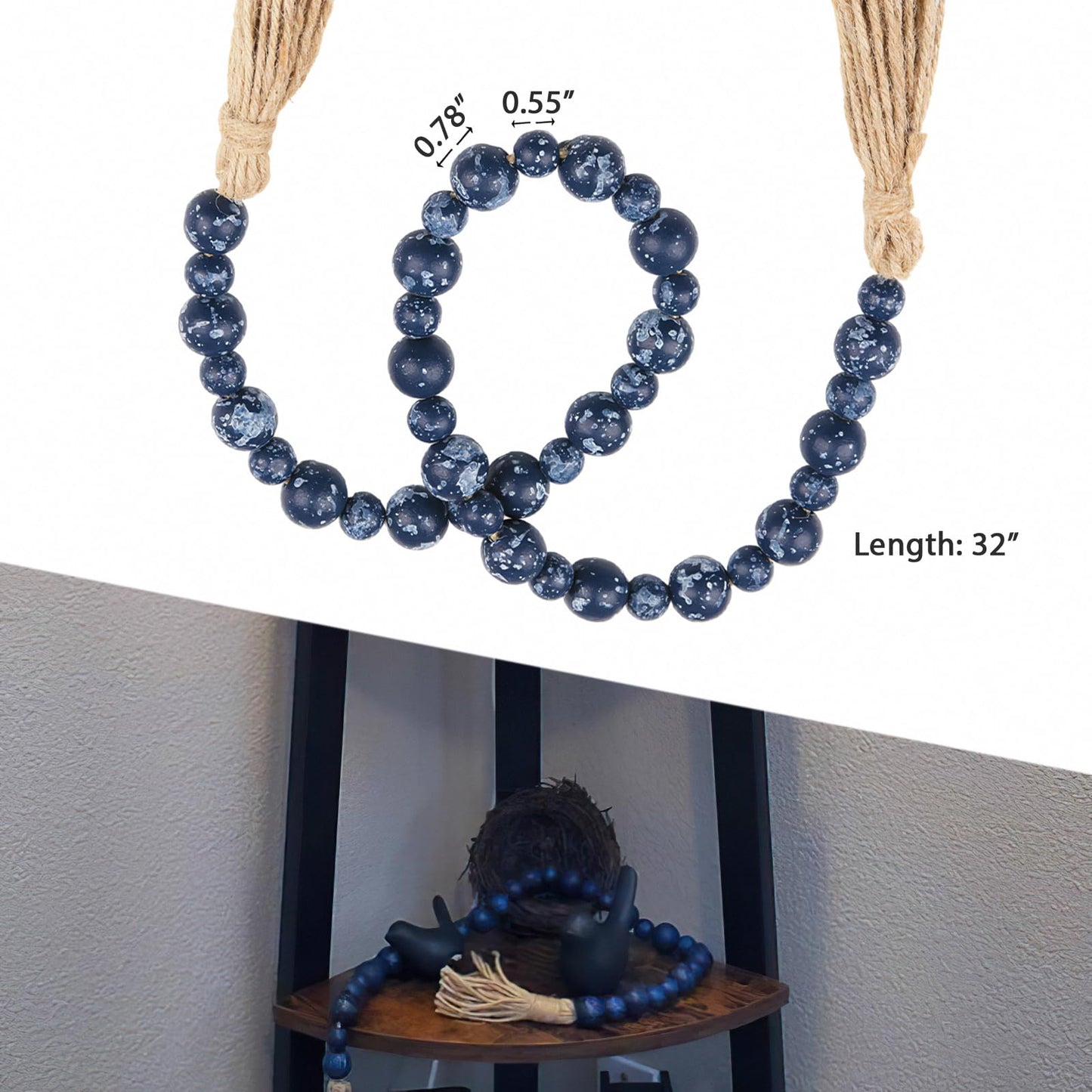 Handcrafted Farmhouse Wooden Decorative Beads Garland, Table Tray Boho Wood Beads with Tassel, Small Rustic Antique Decor for Home and Events (32" Rustic Blue)