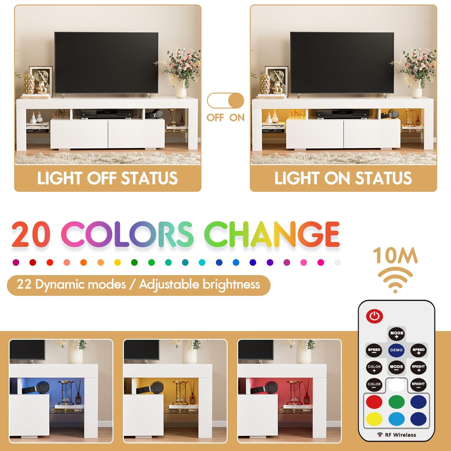 JUMMICO TV Stand, Modern Lighting TV Cabinet Entertainment Center Media and Open Shelf, TV Console Table with 1 Drawer and Remote Control, 20 Color LED Lights up to 70 Inch TV (White)