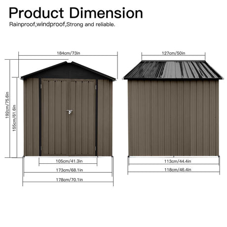 73” Outdoor Storage Cabinet with Lockable Door, 4FTx6FT Metal Storage Shed for Patio Garden, Apex Roof, Easy Assembly (Brown) Nahenduo
