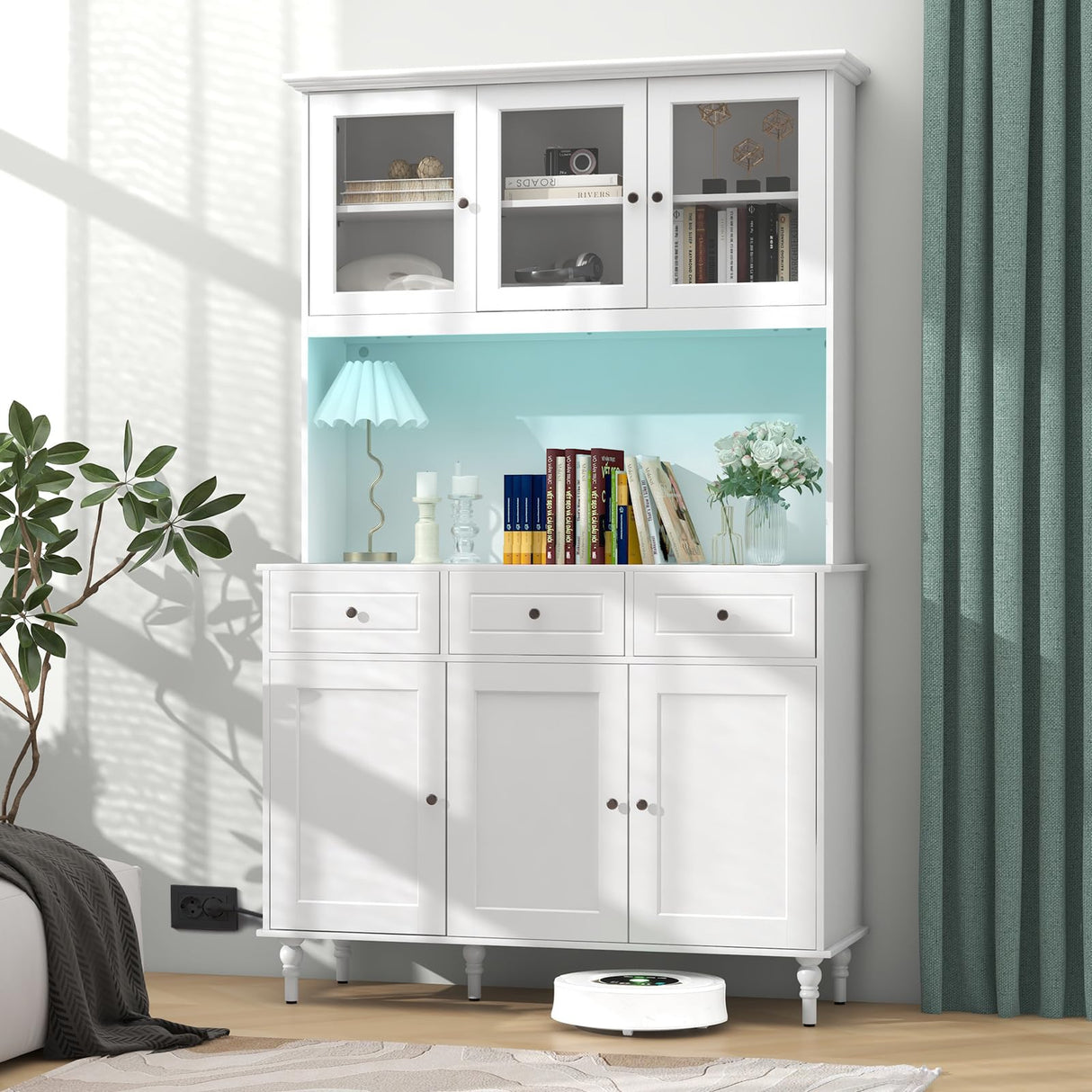 Giantex 77” Large Pantry Cabinet, Kitchen Buffet Hutch w/LED Lights 20 Colors, Outlet, 3 Drawers, Microwave Countertop, Freestanding Cupboard with 4 Adjustable Shelves & Tempered Glass Doors (White) Giantex