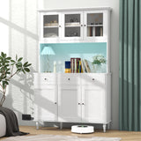 Giantex 77” Large Pantry Cabinet, Kitchen Buffet Hutch w/LED Lights 20 Colors, Outlet, 3 Drawers, Microwave Countertop, Freestanding Cupboard with 4 Adjustable Shelves & Tempered Glass Doors (White) Giantex
