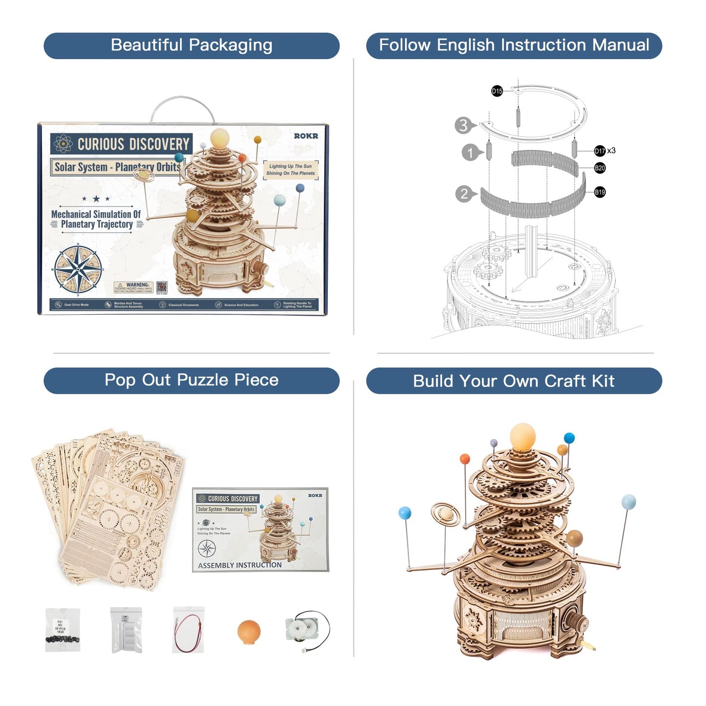 ROKR 3D Wooden Puzzles for Adults Huge Orrery Model - Toy Building Set Mechanical Puzzles 8 Orbiting Planets Unique Gifts for Boys/Girls - WoodArtSupply