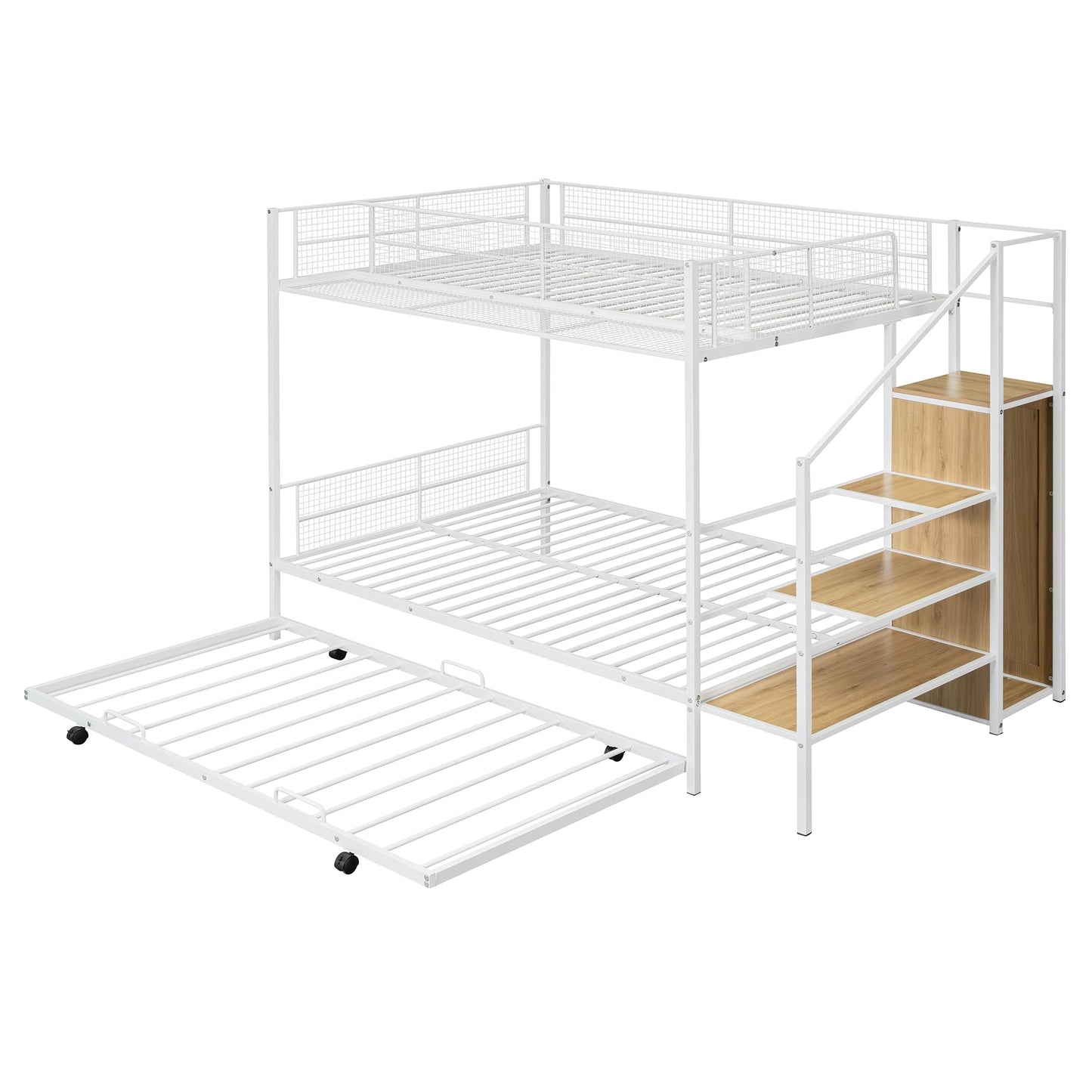 Harper & Bright Designs Twin Over Full Bunk Bed with Trundle, Stairs and Wardrobe, Metal Bunk Bed with Wire Shelving and Lateral Storage Ladder for Bedroom, Dorm (White)