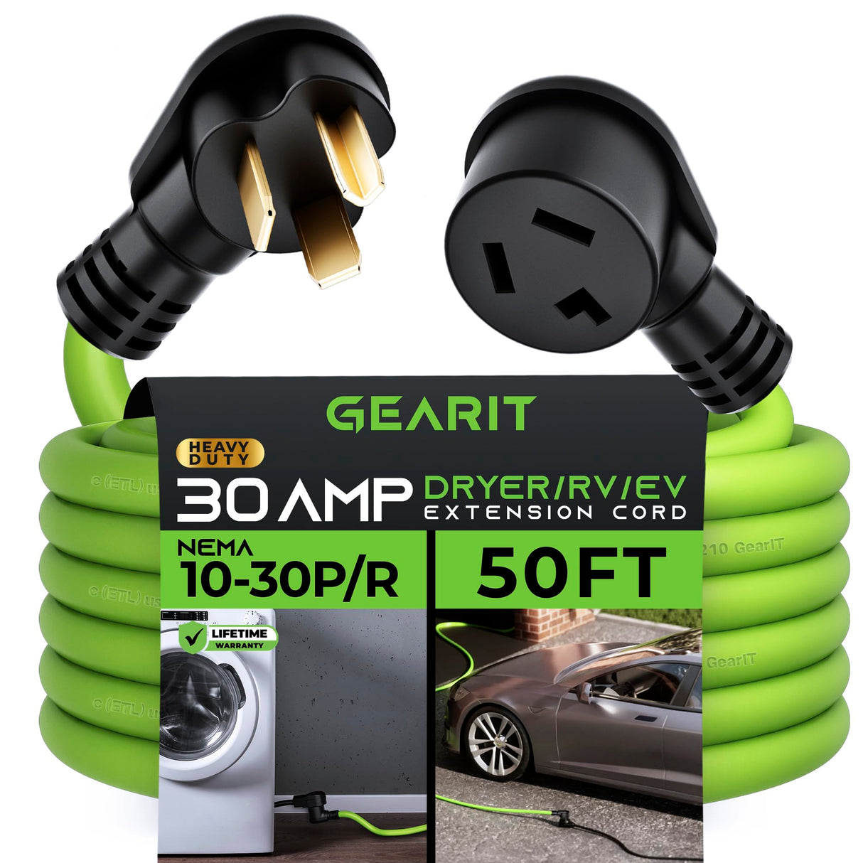 GEARit 30 Amp (50 Feet) 3 Prong Dryer Extension Cord NEMA 10-30P to 10-30R STW 10AWG/3 Heavy Duty, RV EV Charging Cable 125/250V GearIT
