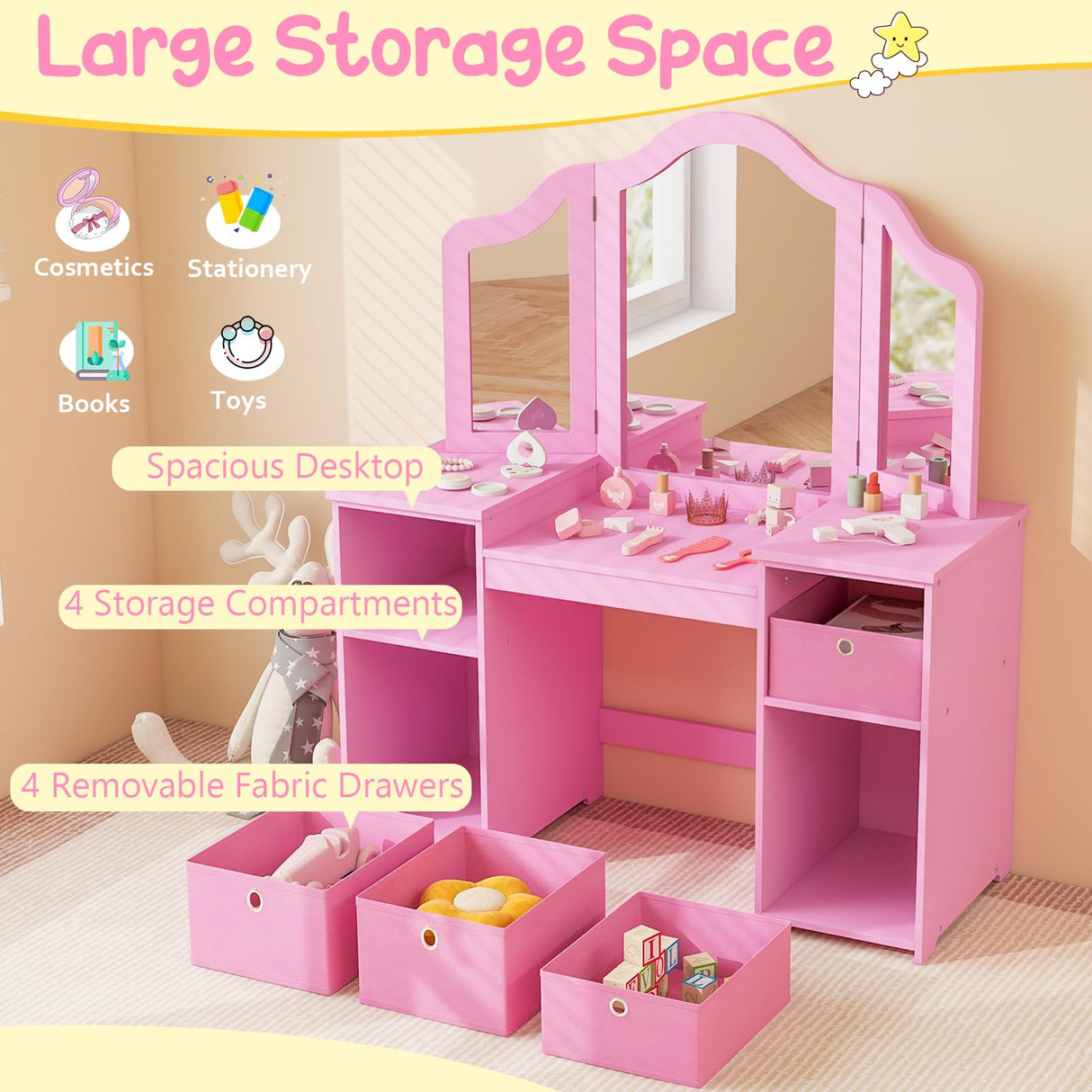 Costzon Kids Vanity, 2 in 1 Princess Makeup Desk & Chair Set with Tri-Folding Mirror, 4 Storage Bins, Wooden Toddler Vanity Dressing Table, Pretend Play Vanity Set for Little Girls (Pink) Costzon