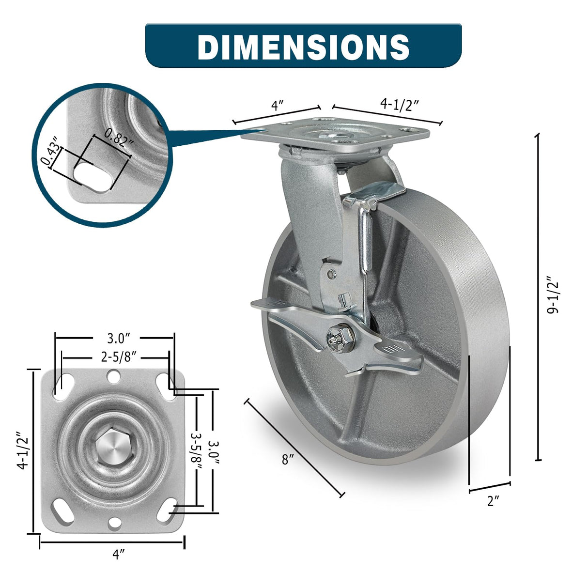CWfutureparts 8" x 2" Caster Wheels, Heavy Duty Industrial Casters, Brake Caster Wheels with Roller Bearing - Semi Steel Cast Iron Wheels - 5200 Lbs Capacity Per Set of 4 CWfutureparts