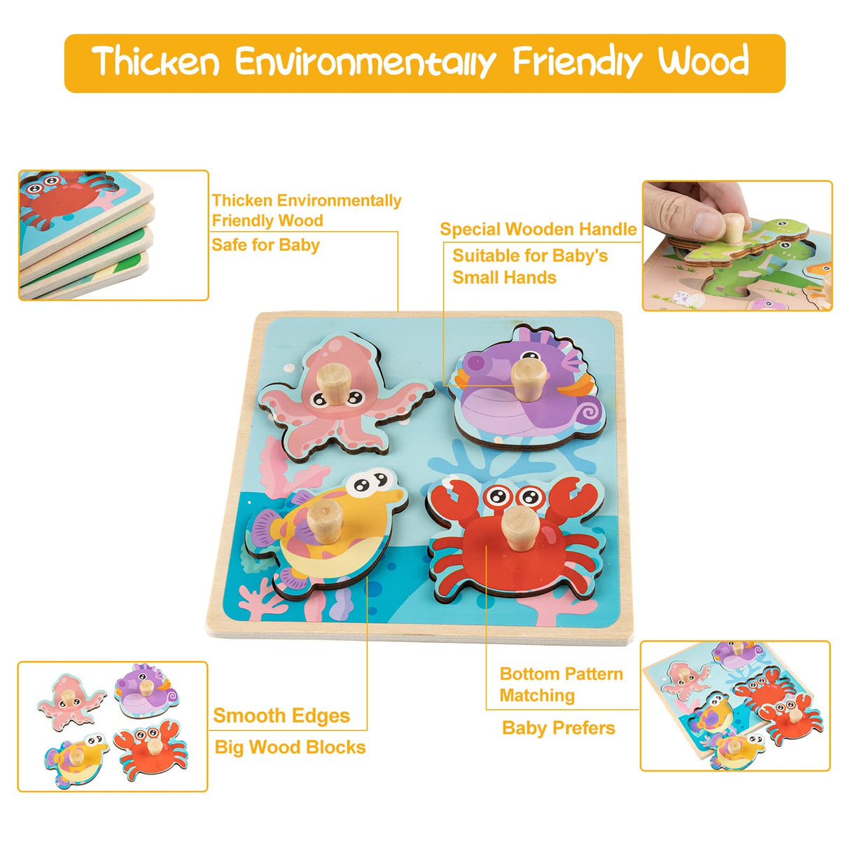 Wooden Toddler Puzzles, Funsland Peg Puzzles Gifts Toys, 4 Pcs Eco Friendly Animal Patterns Jigsaw with Handles, Infant Kid Fine Motor Skill Learning Educational Montessori Puzzles for 1 2 3 Years Old Funsland